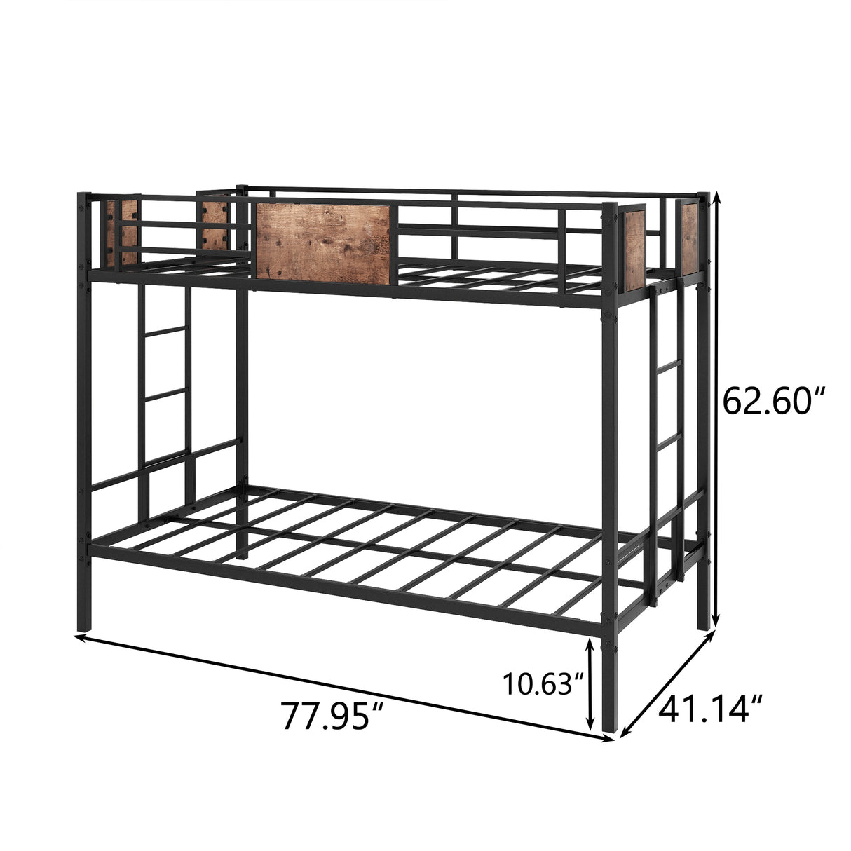 Bunk Bed Twin Over Twin Heavy Metal Bunk Bed with Ladder and Guardrail, Metal Bunk Bed, Storage Space, No Box Spring Needed Black - Home Elegance USA