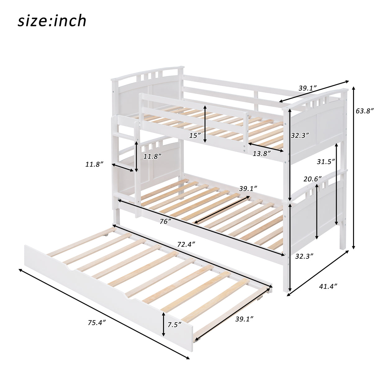 Twin-Over-Twin Bunk Bed with Twin size Trundle , Separable Bunk Bed for Bedroom - White - Home Elegance USA