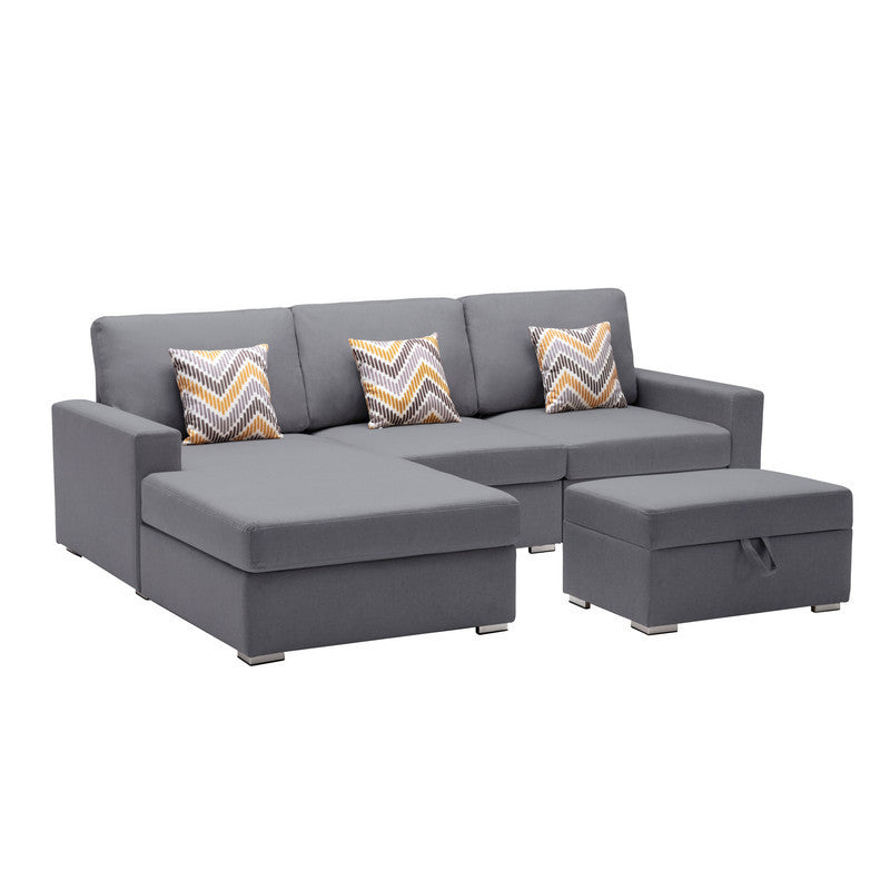 Nolan Gray Linen Fabric 4Pc Reversible Sofa Chaise with Interchangeable Legs, Storage Ottoman, and Pillows - Home Elegance USA