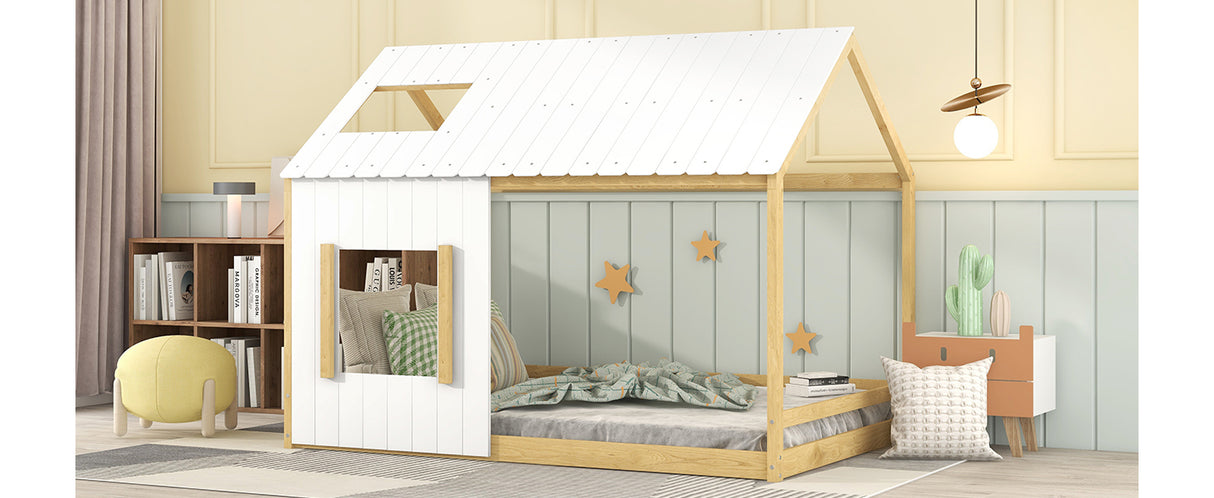 Full Size House Bed with Roof and Window - White+Natural - Home Elegance USA