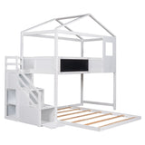 Twin over Full House Bunk Bed with Storage Staircase and Blackboard,White - Home Elegance USA