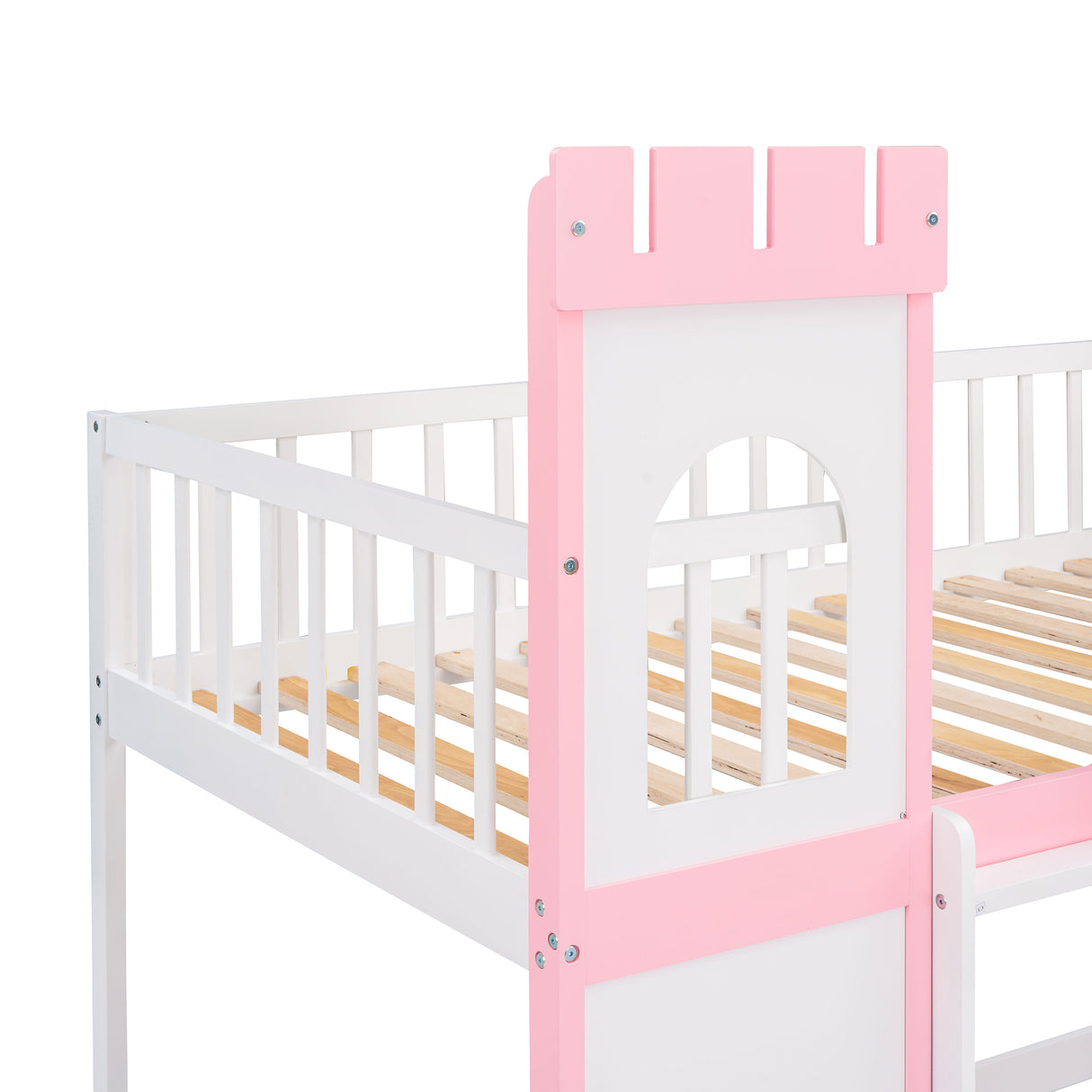 Twin Over Twin Castle Bunk Bed with Ladder - Pink - Home Elegance USA