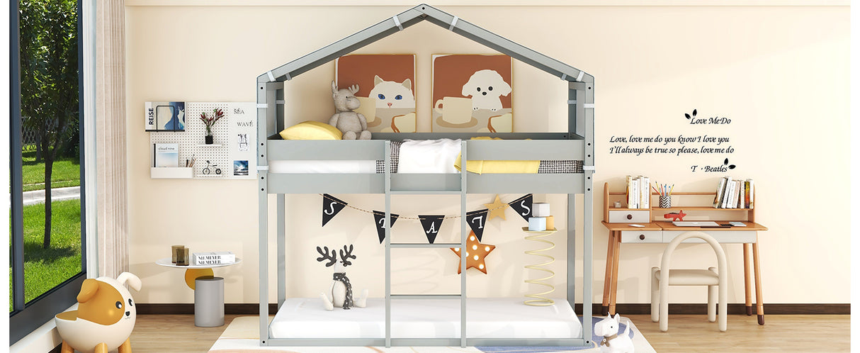 Twin Over Twin Bunk Bed Wood Bed with Tent, Gray - Home Elegance USA