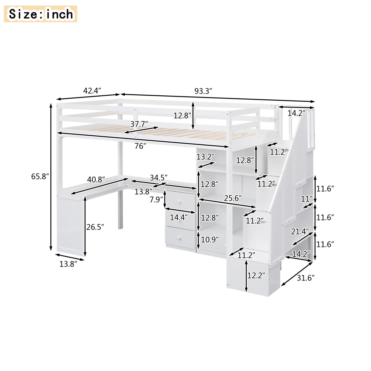 Twin Size Loft Bed with L-Shaped Desk and Drawers, Cabinet and Storage Staircase, White - Home Elegance USA