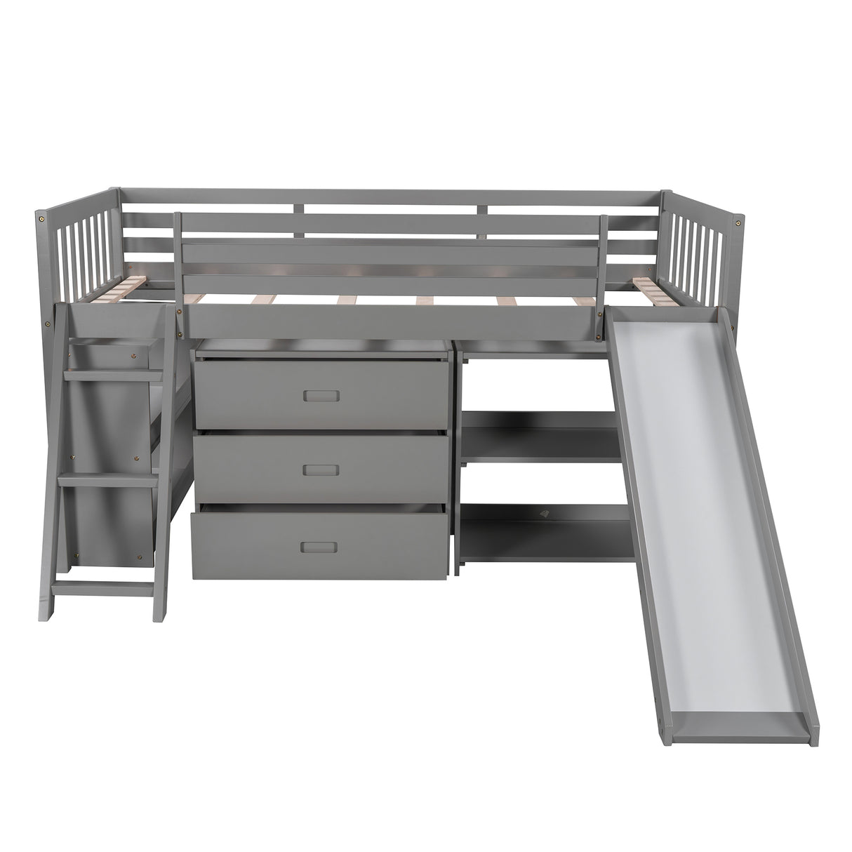 Low Loft Bed with Attached Bookcases and Separate 3-tier Drawers,Convertible Ladder and Slide,Twin,Gray - Home Elegance USA