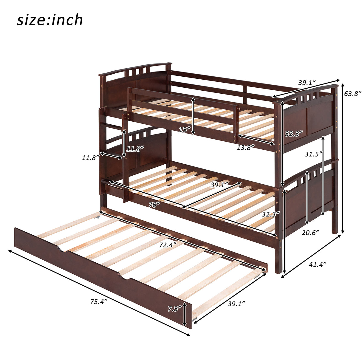 Twin-Over-Twin Bunk Bed with Twin size Trundle , Separable Bunk Bed for Bedroom - Espresso - Home Elegance USA