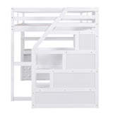 Full Size Loft Bed with Desk and Shelves, Two Built-in Drawers, Storage Staircase, White