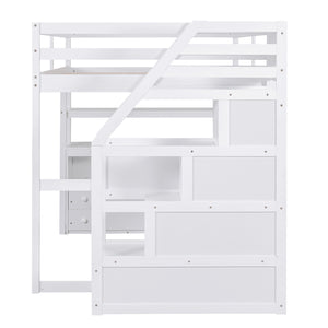 Full Size Loft Bed with Desk and Shelves, Two Built-in Drawers, Storage Staircase, White