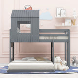 Wooden Twin Over Full Bunk Bed, Loft Bed with Playhouse, Farmhouse, Ladder and Guardrails , Gray( old sku: LP000027AAN ) - Home Elegance USA