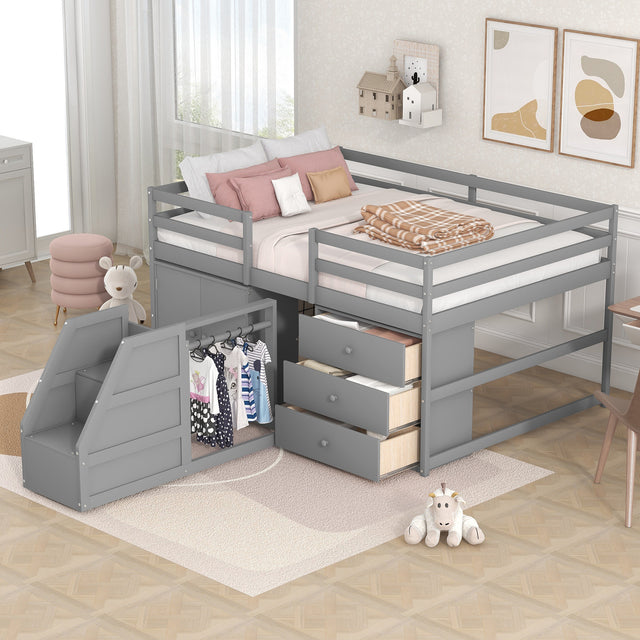 Full Size Functional Loft Bed with Cabinets and Drawers, Hanging Clothes at the back of the Staircase, Gray - Home Elegance USA