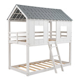 Twin over Twin Size Low Bunk Beds with Roof and Fence-shaped Guardrail, White - Home Elegance USA