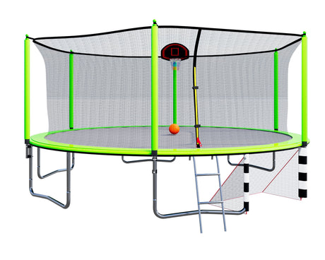 16FT Trampoline with Basketball Hoop pump and Ladder(Inner Safety Enclosure) with soccer goal Green