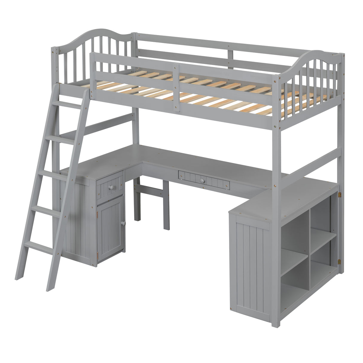 Twin size Loft Bed with Drawers, Cabinet, Shelves and Desk, Wooden Loft Bed with Desk - Gray(OLD SKU :LT000505AAE) - Home Elegance USA