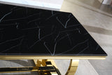 Modern Rectangular Black Marble Dining Table, 0.71" Thick Marble Top, Double U-Shape Stainless Steel Base with Gold Mirrored Finish - Home Elegance USA