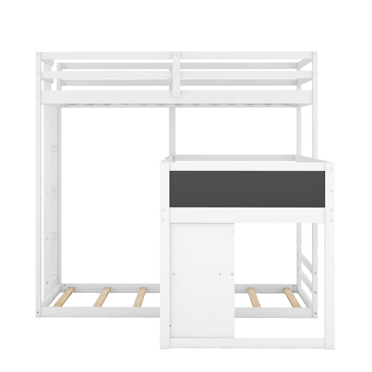 L-shaped Wood Triple Twin Size Bunk Bed with Storage Cabinet and Blackboard, Ladder, White - Home Elegance USA