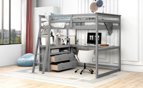 Full Size Loft Bed with Desk and Shelves,Two Built-in Drawers,Gray - Home Elegance USA