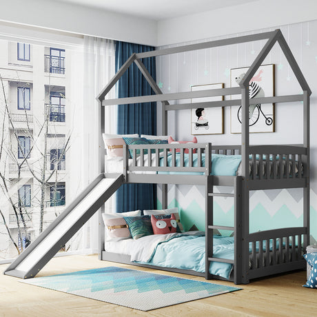 Twin Over Twin Bunk Bed with Slide, House Bed with Slide, Gray(OLD SKU: LT000213AAE - Home Elegance USA