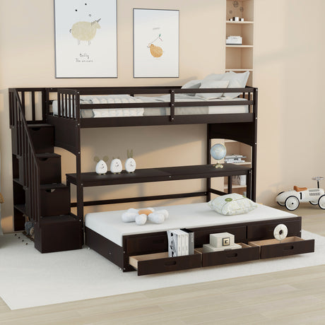 Stairway Twin XL Loft Bed with Twin Size Trundle and 3 Drawers, Storage, Desk, Espresso - Home Elegance USA