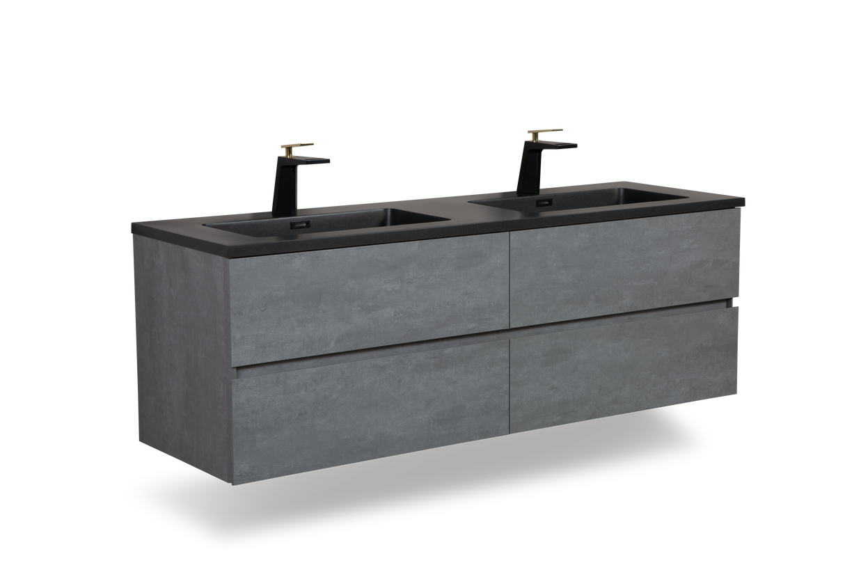 60'' Wall Mounted Single Bathroom Vanity in Ash Gray With Black Solid Surface Vanity Top
