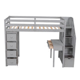 Twin size Loft Bed with Storage Drawers ,Desk and Stairs, Wooden Loft Bed with Shelves - Gray - Home Elegance USA