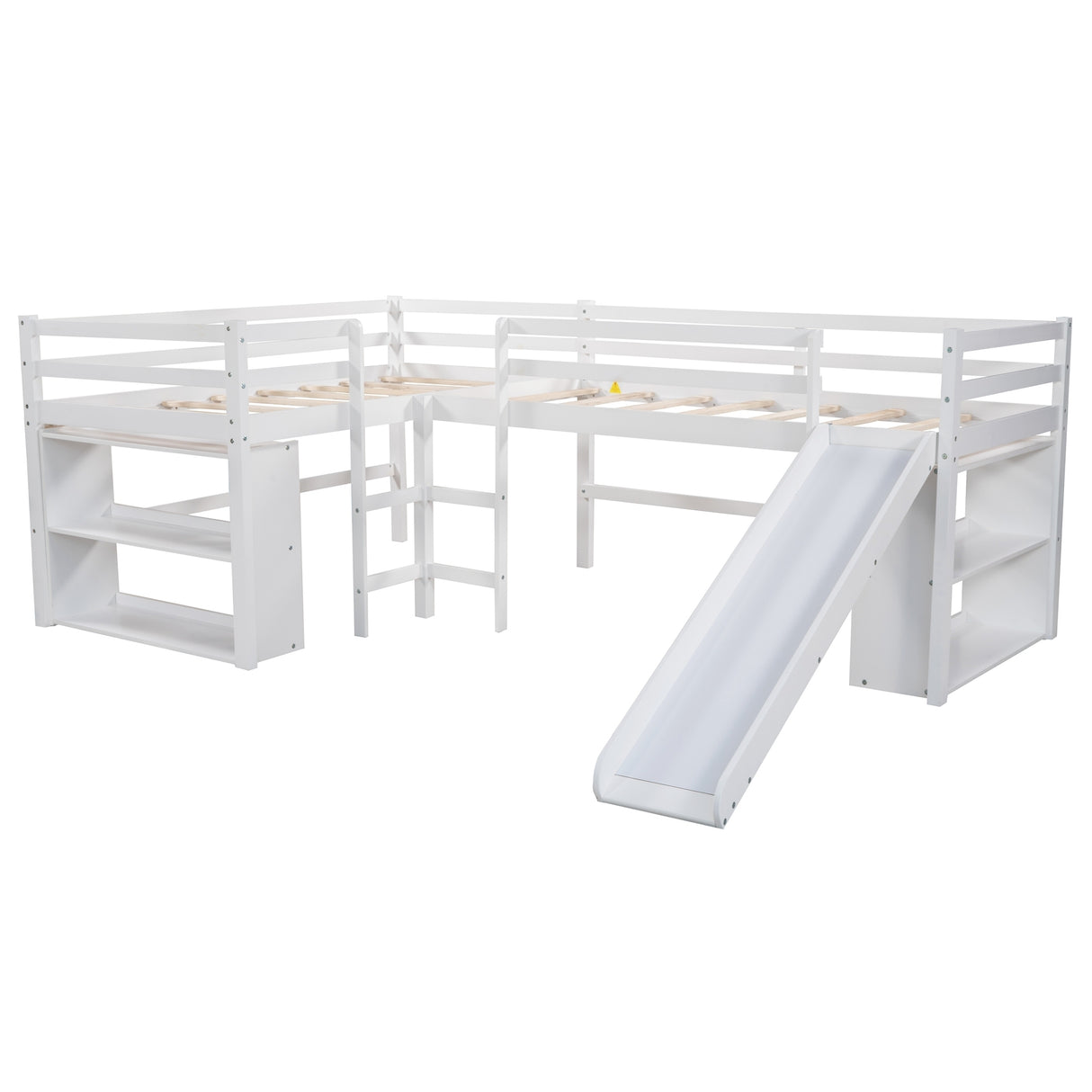 Twin Size L-Shaped Loft Bed with Movable Two-Tier Shelves and Slide,White - Home Elegance USA