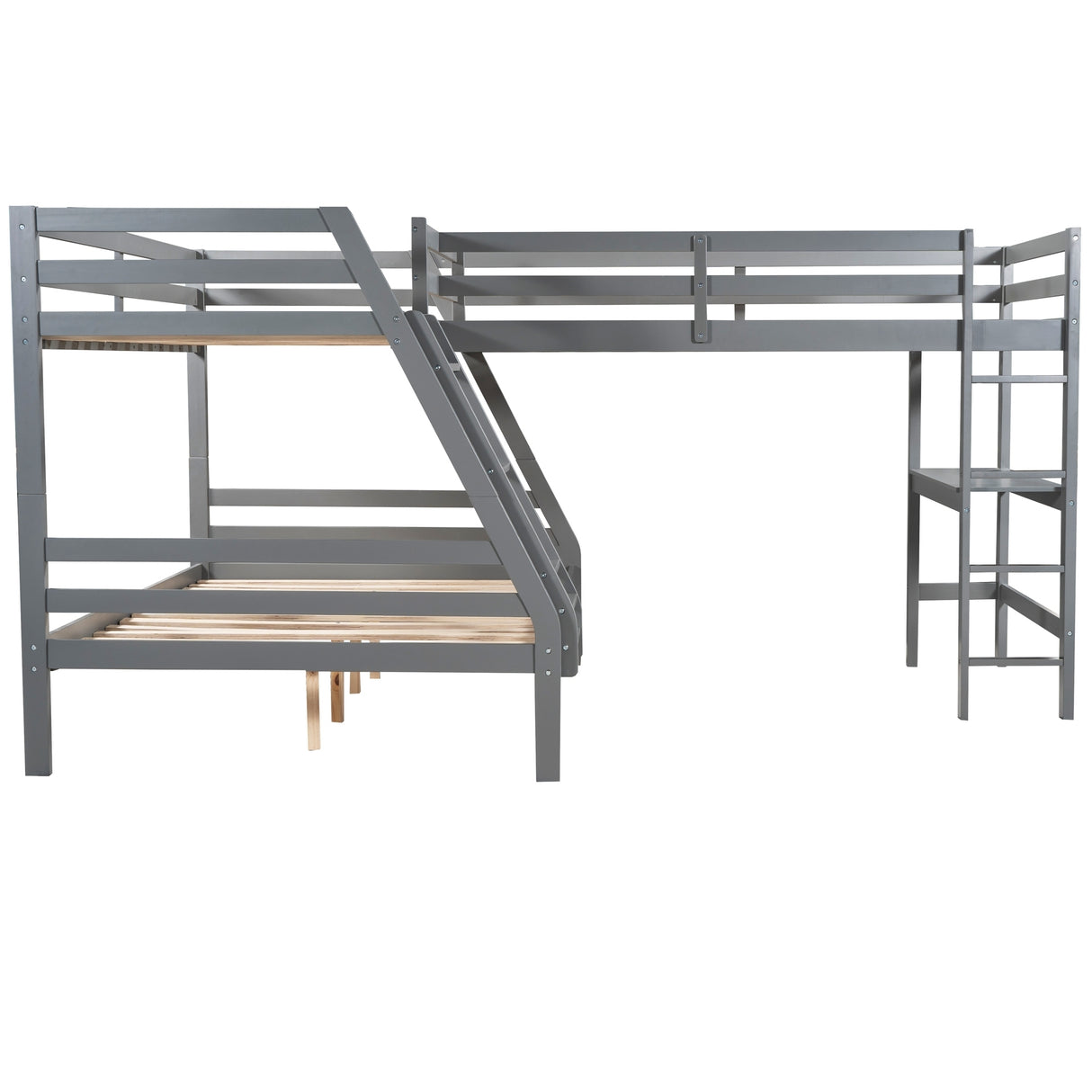 L-Shaped Twin over Full Bunk Bed and Twin Size Loft Bed with Built-in Desk,Gray - Home Elegance USA