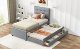 Twin Size Upholstered Platform Bed with Pull-out Twin Size Trundle and 3 Drawers, Gray - Home Elegance USA