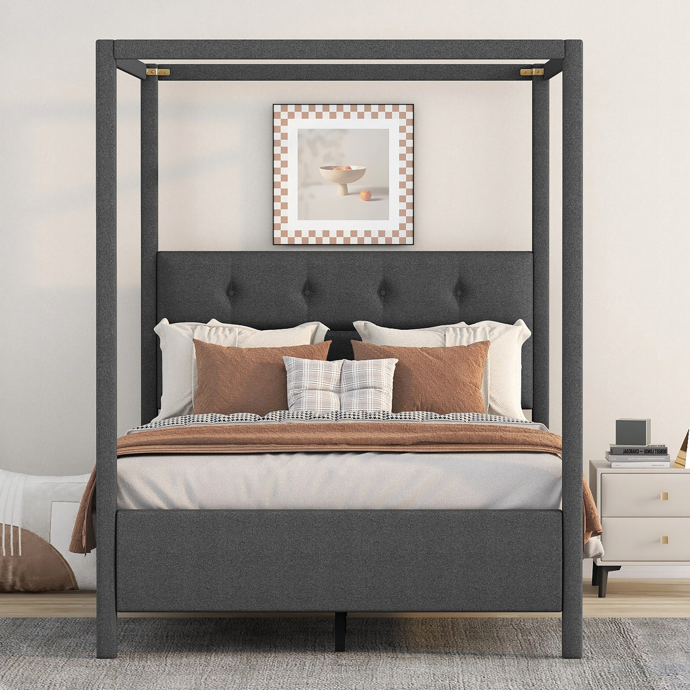 Full Size Upholstery Canopy Platform Bed with Headboard,Gray - Home Elegance USA