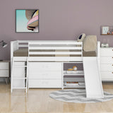 Low Loft Bed with Attached Bookcases and Separate 3-tier Drawers,Convertible Ladder and Slide,Twin,White - Home Elegance USA