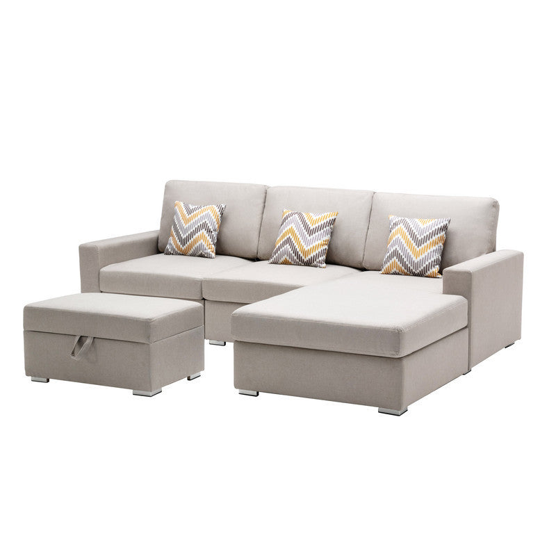 Nolan Beige Linen Fabric 4Pc Reversible Sofa Chaise with Interchangeable Legs, Storage Ottoman, and Pillows - Home Elegance USA