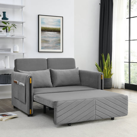 MH 54" Modern Convertible Sofa Bed with 2 Detachable Arm Pockets, Velvet Loveseat Multi-position adjustable Sofa with Pull Out Bed with Bedhead, 2 Pillows and Living Room, Grey Home Elegance USA