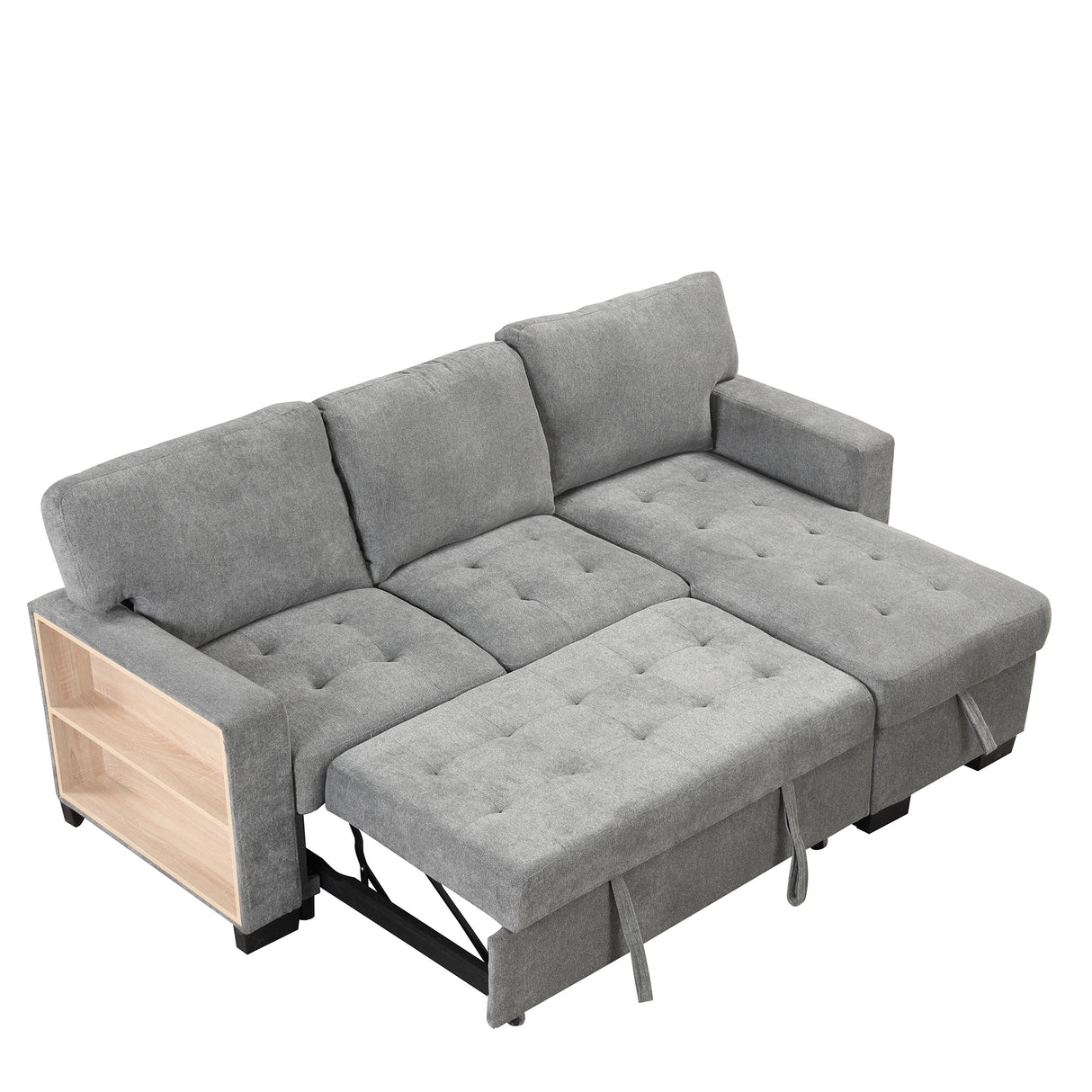 Stylish and Functional Light Chaise Lounge Sectional with Storage Rack Pull-out Bed Drop Down Table  and USB Charger Gray - Home Elegance USA