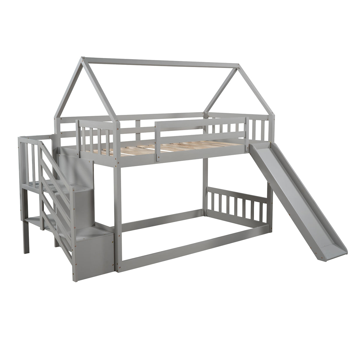 Twin over Twin House Bunk Bed with Slide and Storage Staircase,Grey - Home Elegance USA