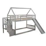 Twin over Twin House Bunk Bed with Slide and Storage Staircase,Grey - Home Elegance USA