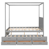 Queen Size Canopy Platform Bed with Twin Size Trundle and Three Storage Drawers,Gray - Home Elegance USA