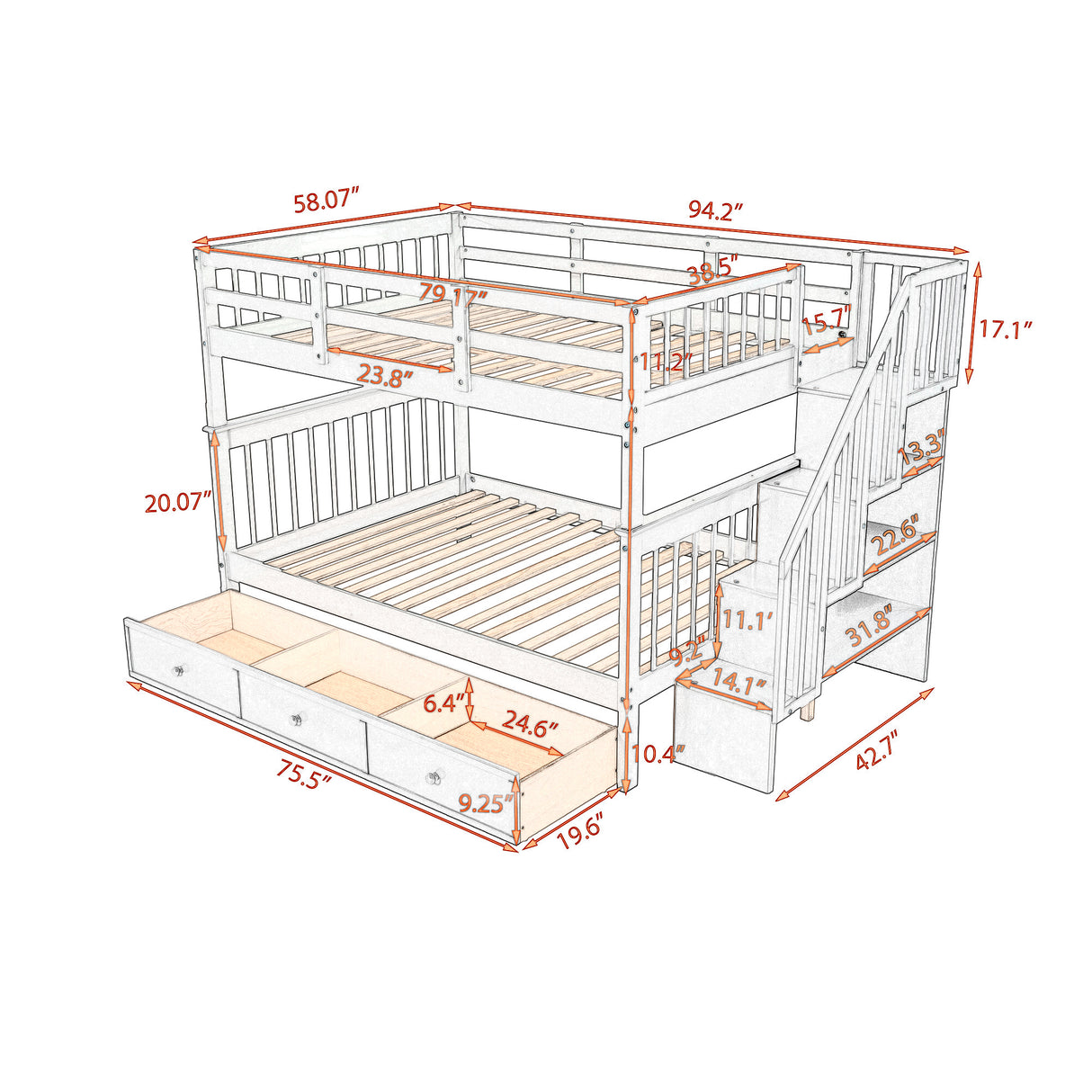 Stairway Full-Over-Full Bunk Bed with Drawer, Storage and Guard Rail for Bedroom, Gray color( old sku: LP000310AAE ) - Home Elegance USA