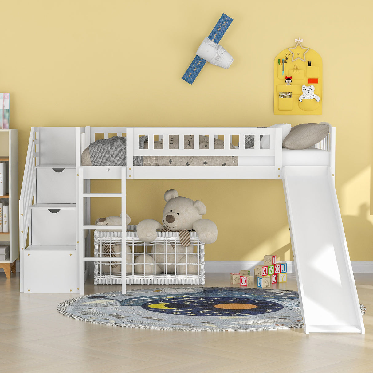 Stairway Twin Size Loft Bed with Two Drawers and Slide, White（OLD SKU:LP000515AAK） - Home Elegance USA