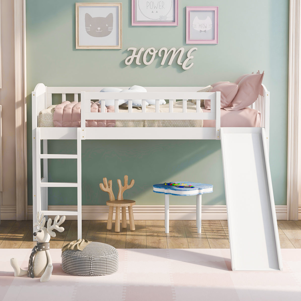 Twin size Loft Bed with Slide and Ladder, White(OLD SKU: LP000504AAK) - Home Elegance USA