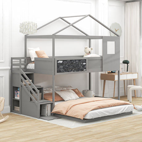 Twin over Full House Bunk Bed with Storage Staircase and Blackboard,Grey - Home Elegance USA