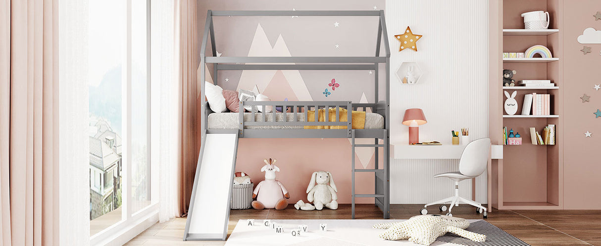 Twin Loft Bed with Slide, House Bed with Slide,White(OLD SKU :LT000212AAE) - Home Elegance USA