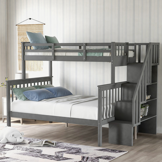 Stairway Twin-Over-Full Bunk Bed with Storage and Guard Rail for Bedroom, Gray color(OLD SKU :LP000019AAE) - Home Elegance USA