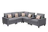 Nolan Gray Linen Fabric 6Pc Reversible Sectional Sofa with a USB, Charging Ports, Cupholders, Storage Console Table and Pillows and Interchangeable Legs - Home Elegance USA