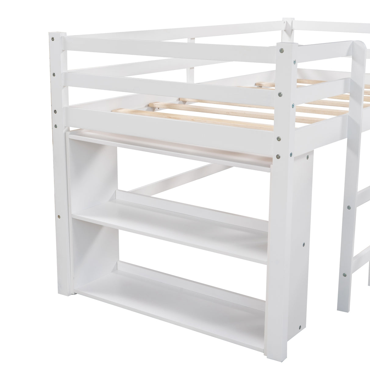 Twin Size L-Shaped Loft Bed with Movable Two-Tier Shelves and Slide,White - Home Elegance USA