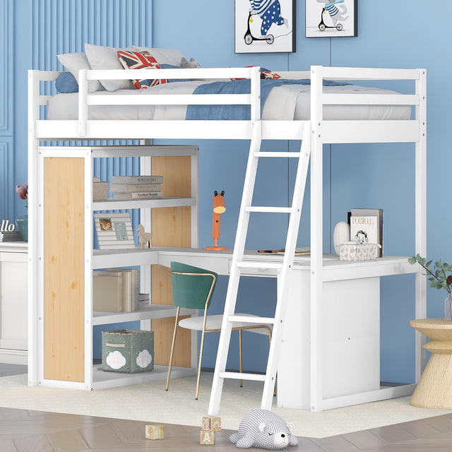 Twin Size Loft Bed with Ladder, Shelves, and Desk, White - Home Elegance USA