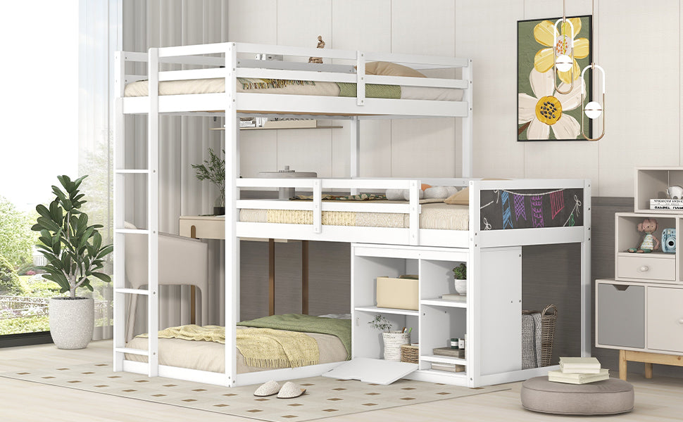 L-shaped Wood Triple Twin Size Bunk Bed with Storage Cabinet and Blackboard, Ladder, White - Home Elegance USA