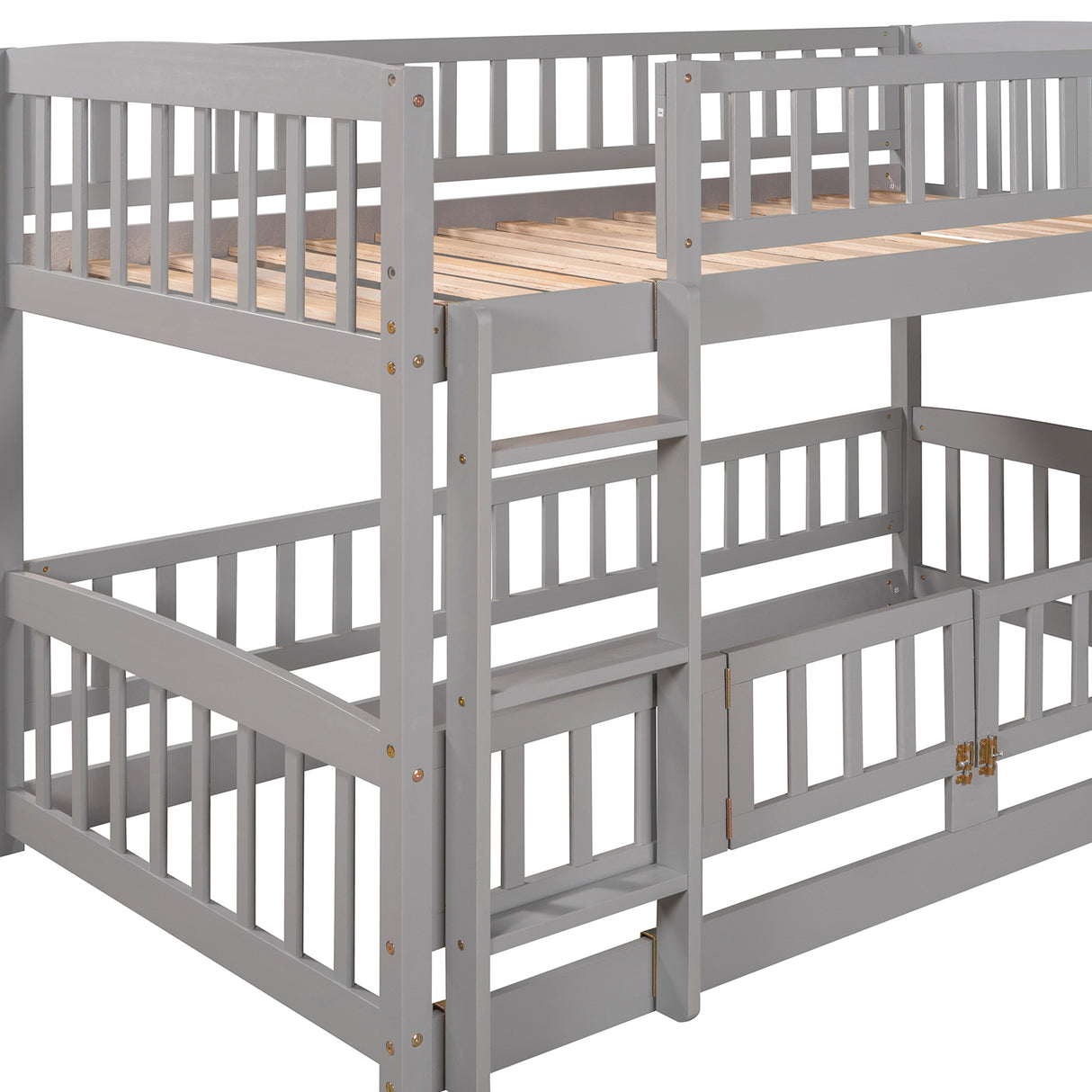 Bunk Bed with Slide,Twin Over Twin Low Bunk Bed with Fence and Ladder for Toddler Kids Teens Grey - Home Elegance USA