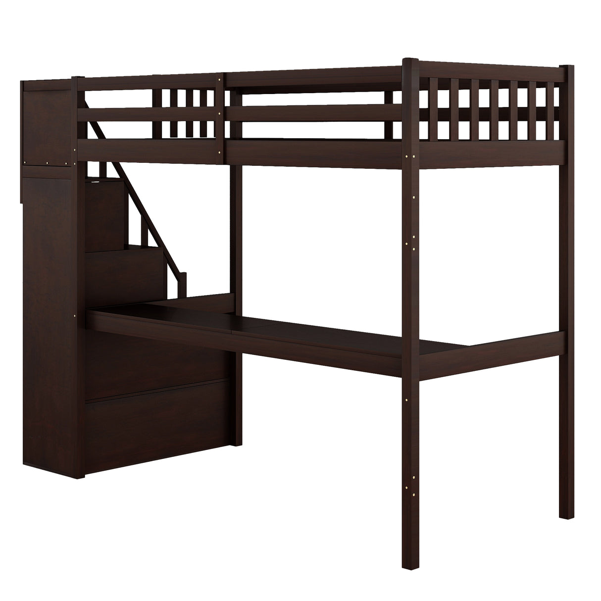 Twin Size Loft Bed with Staircase and Built-in Desk,Espresso - Home Elegance USA