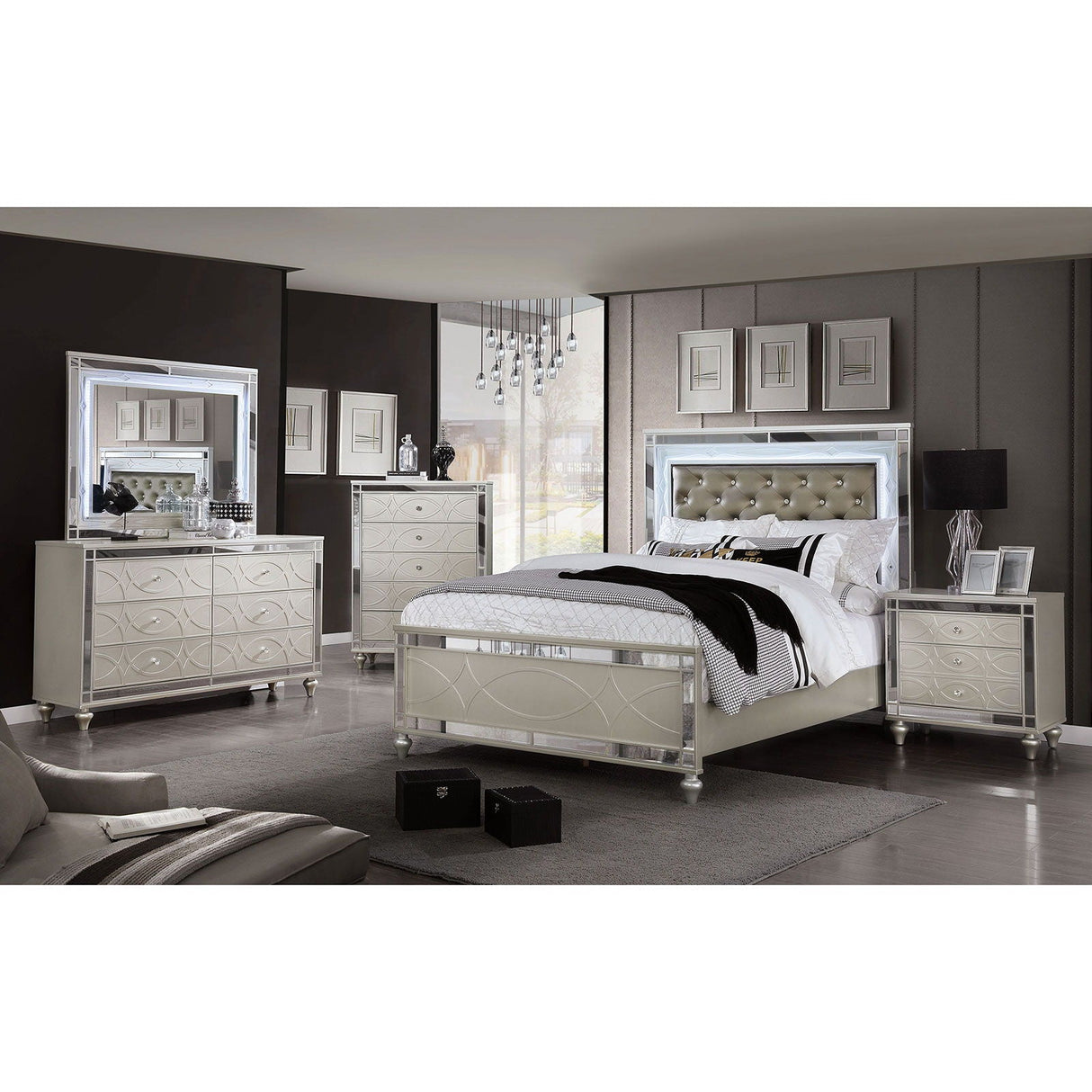 Manar - 5 Piece Queen Bedroom Set With Night Stand - Silver - Home Elegance USA