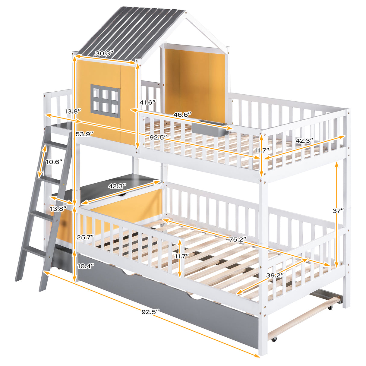 Twin over Twin Bunk Bed with Twin Size Trundle , Farmhouse Bed with Storage Box and Drawer - Yellow - Home Elegance USA