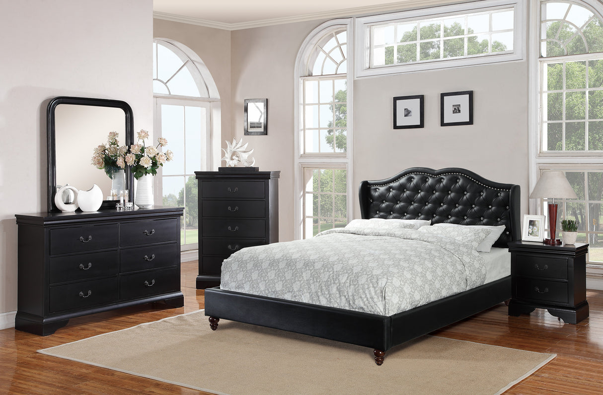 Queen Size Bed 1pc Bed Set Black Faux Leather Upholstered Wingback Design Bed Frame Headboard Bedroom Furniture Tufted Upholstered - Home Elegance USA